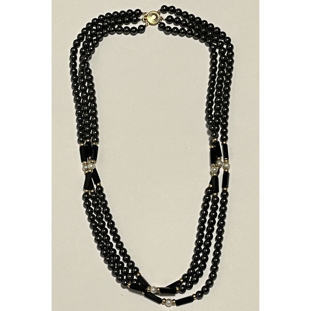 Three Strand Heavy Weighted Bead + Faux Pearl Beaded Fashion Costume Necklace